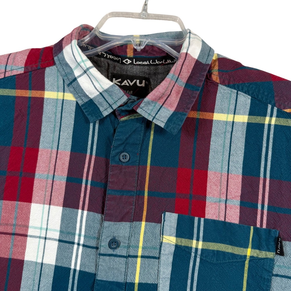 KAVU‎ Plaid Button Down Shirt Mens Medium Teal Red Short Sleeve Cotton Pocket